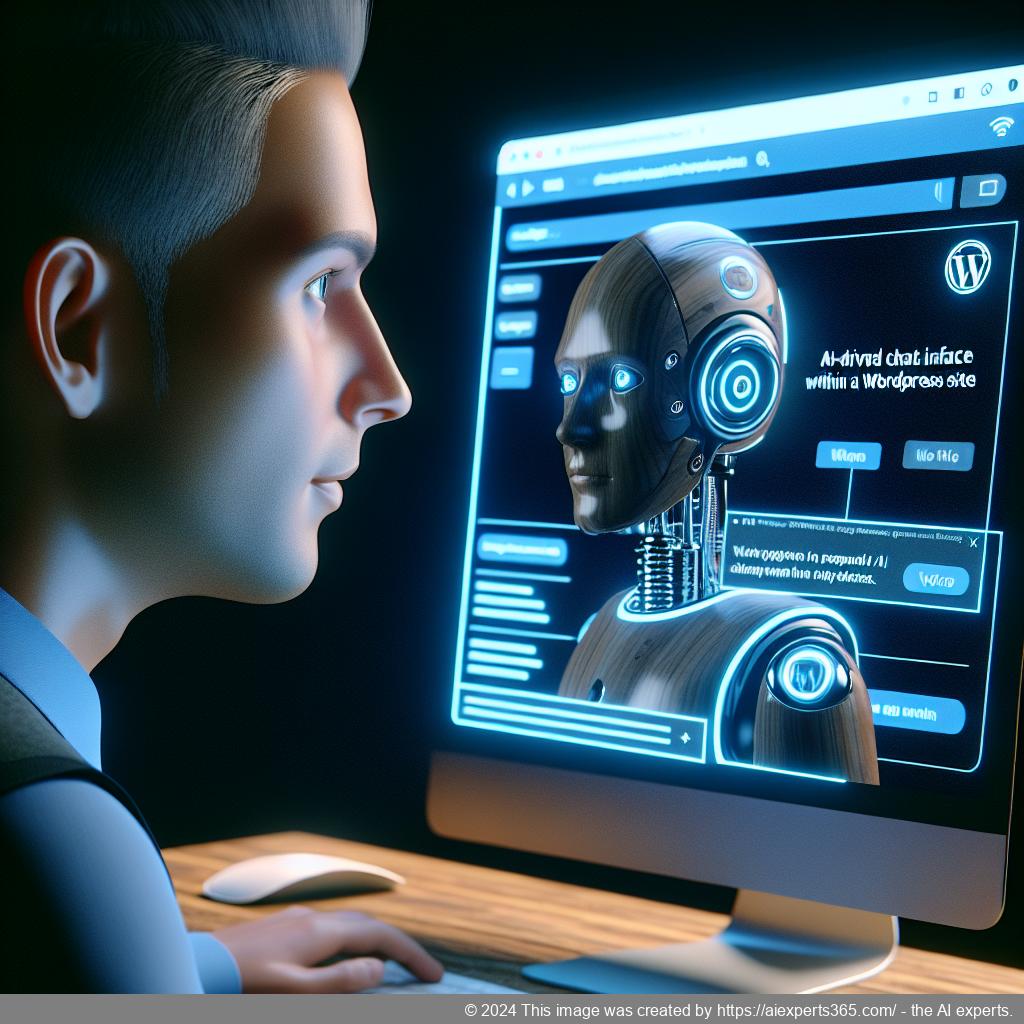 An illustration showing a user interacting with an AI-driven WordPress chat plugin on a website interface.