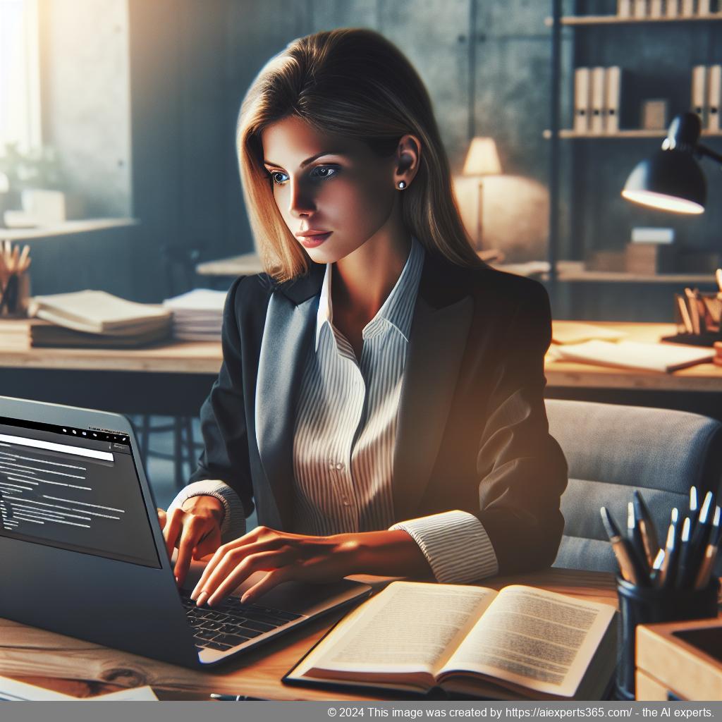 A professional woman using a laptop with a WordPress chat plugin interface displayed on screen while assisting customers online.