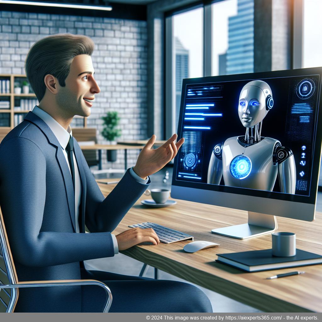 A professional setting showcasing a German or Western European individual interacting with a computer displaying a chatbot interface designed for WordPress.