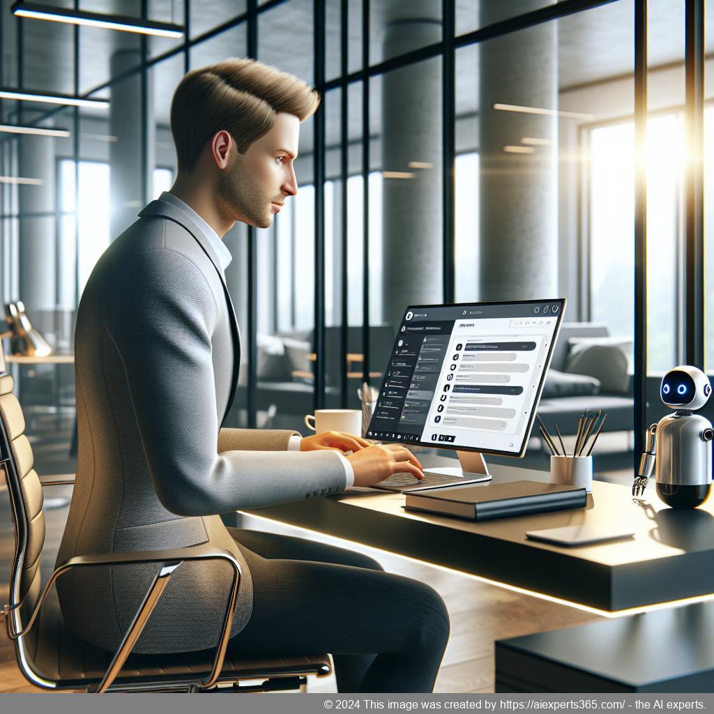 A professional-looking German businessman interacting with a laptop displaying a chatbot interface on a WordPress website.