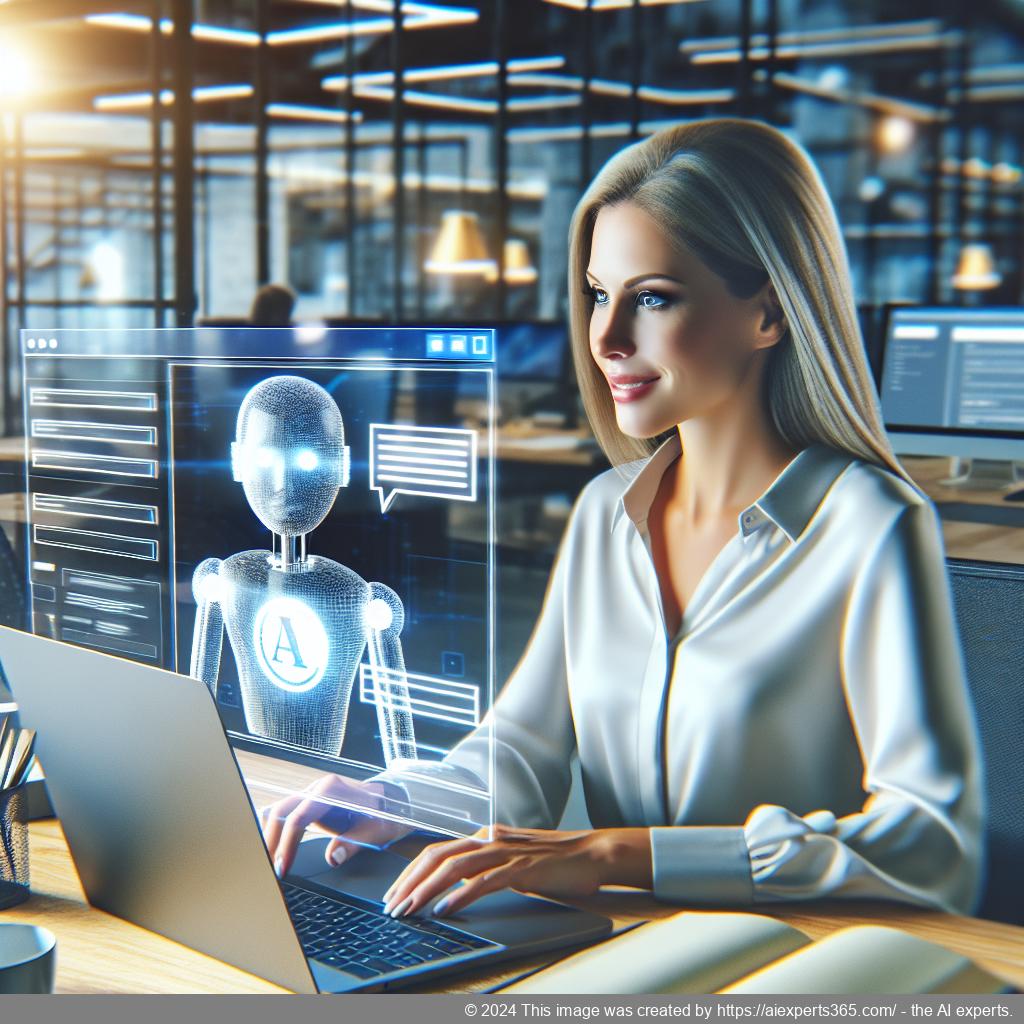 A professional-looking woman interacting with an AI-driven WordPress ChatGPT chatbot on her laptop, showcasing enhanced customer service.