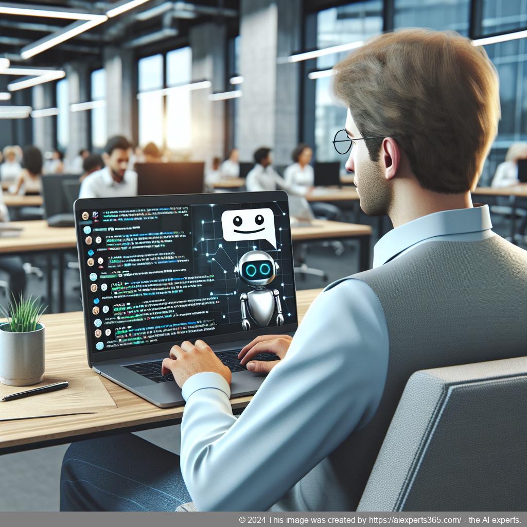 A professional setting showing a person interacting with a WordPress ChatGPT chatbot interface on their laptop, symbolizing enhanced customer service.