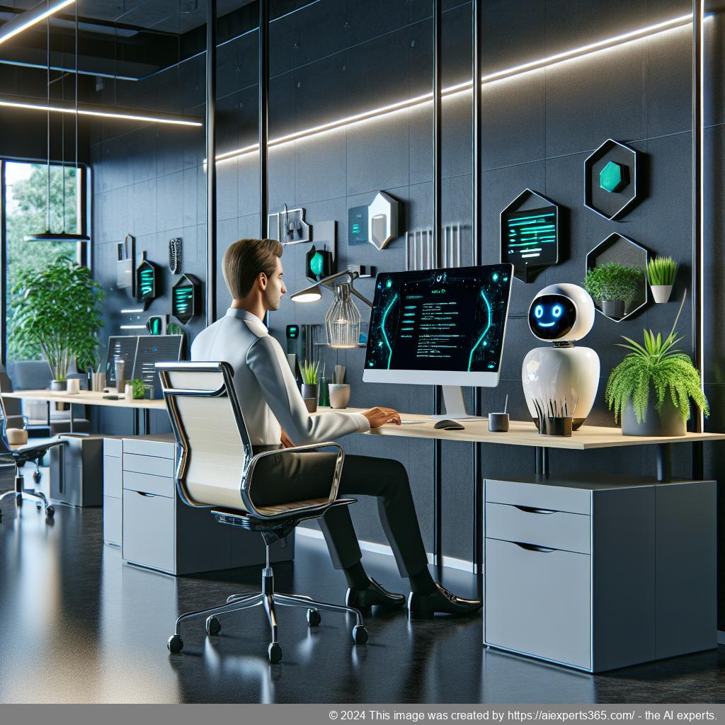 A visual representation of a modern digital workspace featuring a person interacting with a computer displaying the WordPress ChatGPT Chatbot Plugin interface.