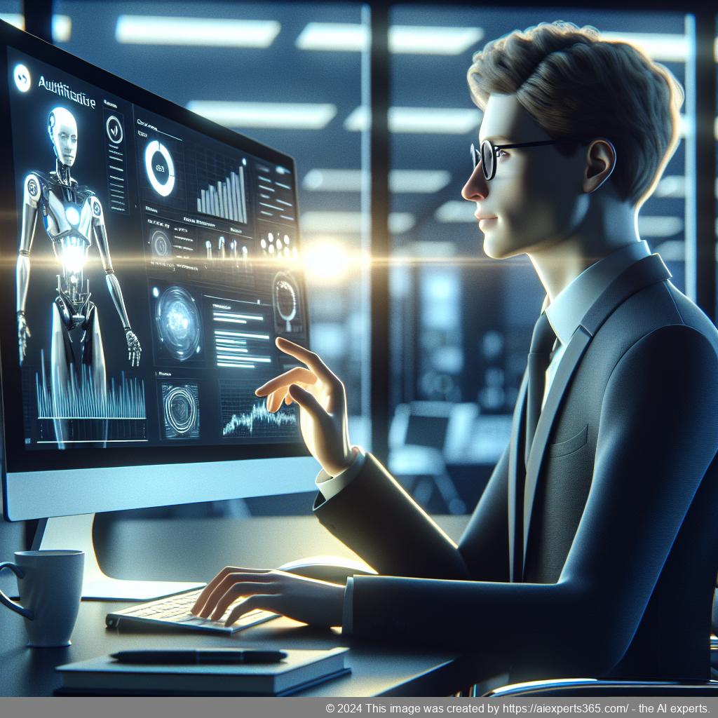 A visual representation of a business professional interacting with an AI chatbot on a computer screen showcasing the capabilities of the WordPress ChatGPT Chatbot Plugin.