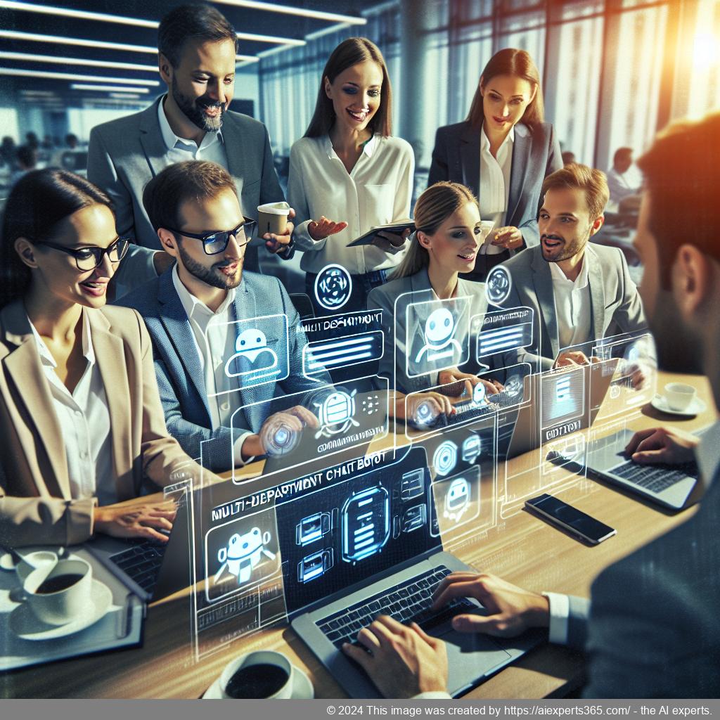A visual representation of a multi-department chatbot enhancing business efficiency through seamless integration across various teams.