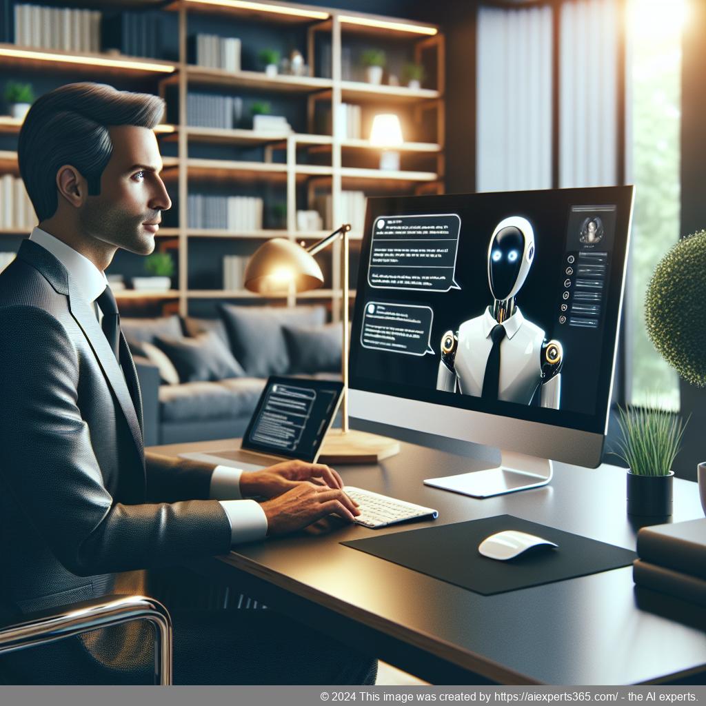 A visual representation of a business professional interacting with an AI chatbot on a computer screen, symbolizing enhanced customer engagement through technology using the WordPress ChatGPT chatbot plugin.