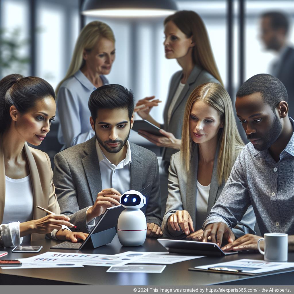 A professional team collaborating over digital devices discussing the implementation of a multi-department chatbot for enhanced customer service.