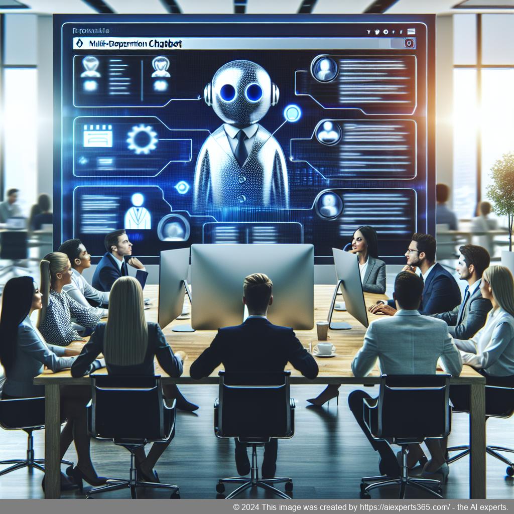 A visual representation of a team collaborating around a computer screen displaying a multi-department chatbot interface, showcasing enhanced customer interaction.