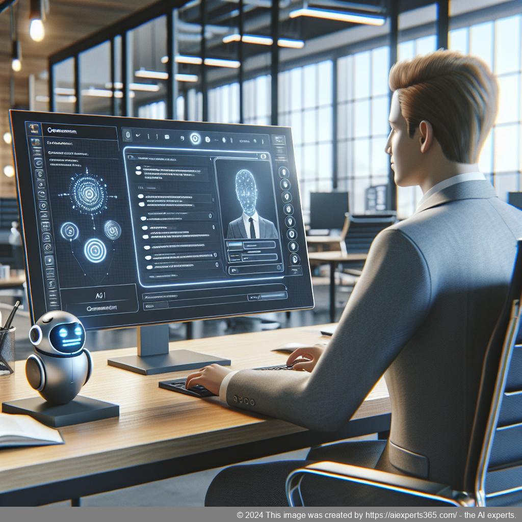 A visual representation of a professional setting showcasing a German or Western European individual interacting with a computer displaying a chat interface.