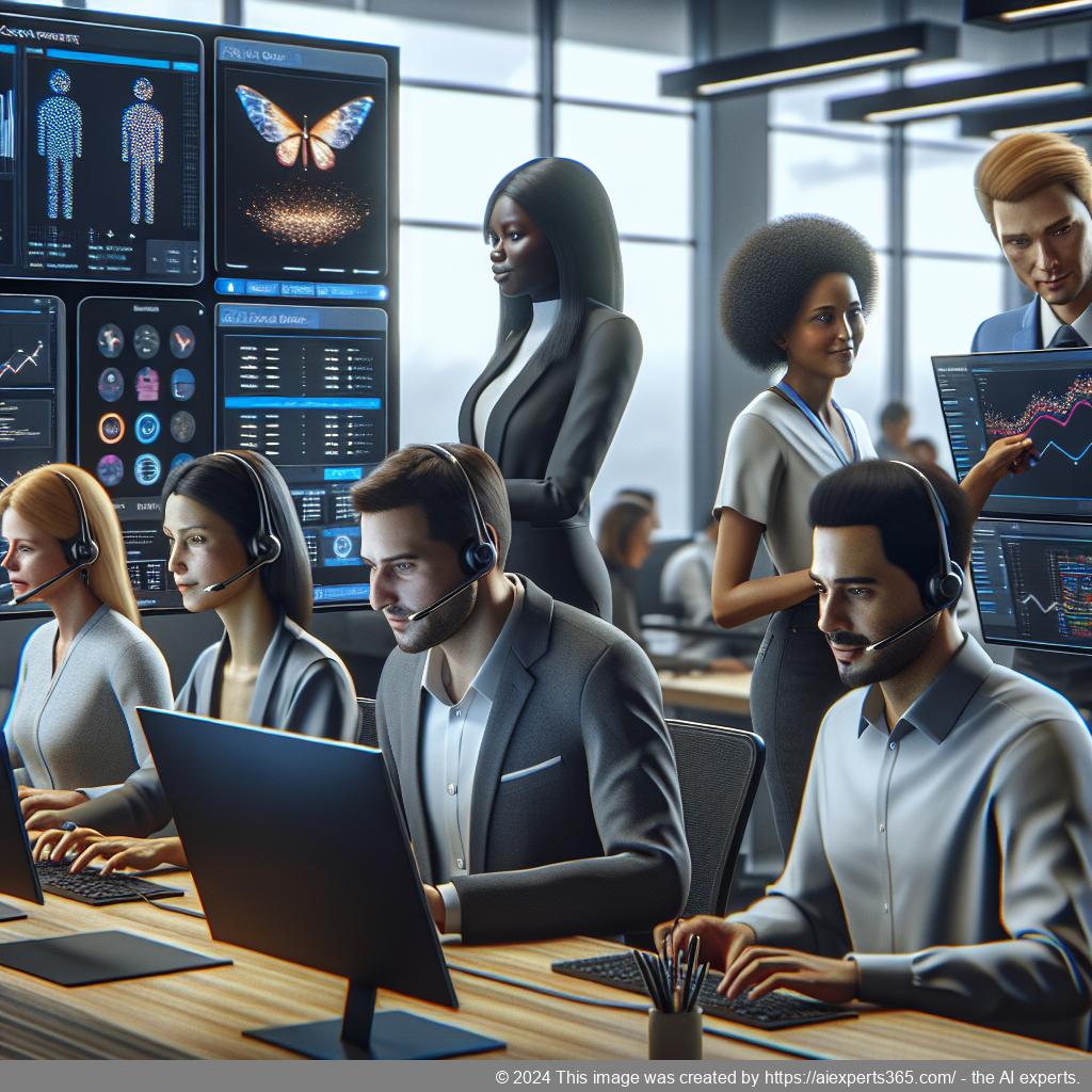 An illustration depicting a multi-department chatbot interacting with customers across various platforms showcasing its essential features.