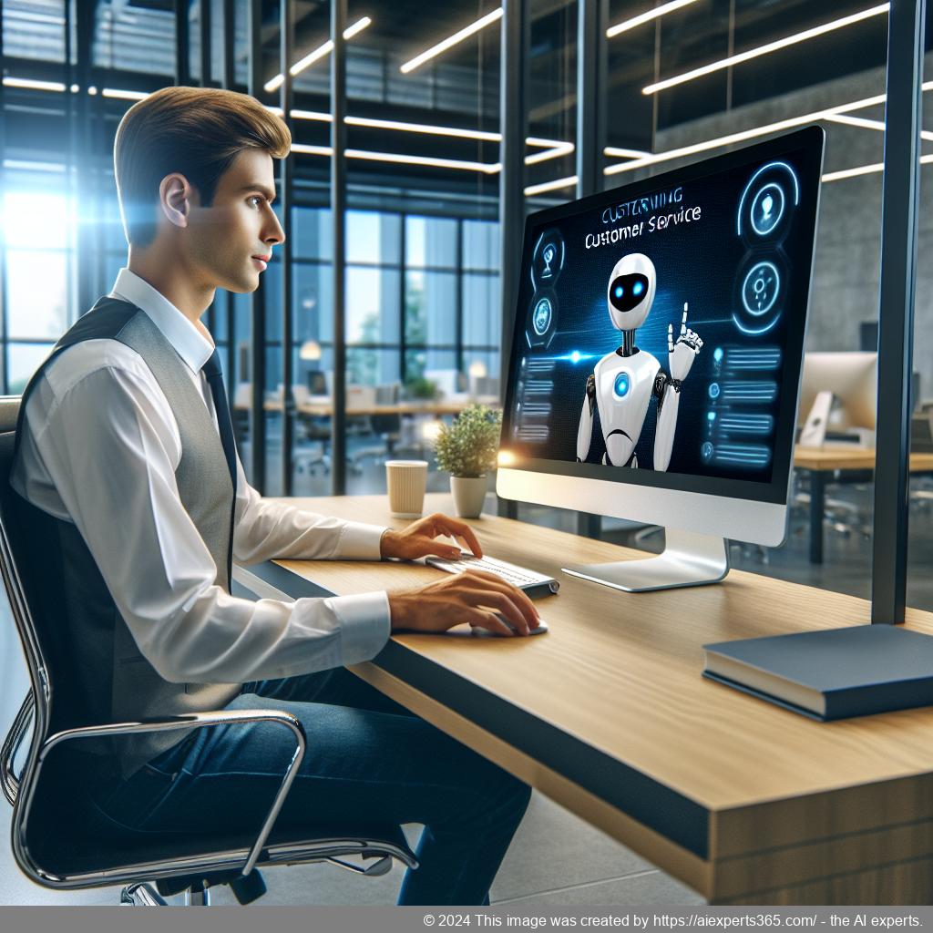 A professional-looking German-speaking individual interacting with a chatbot interface on a computer screen showcasing the WordPress ChatGPT chatbot plugin.