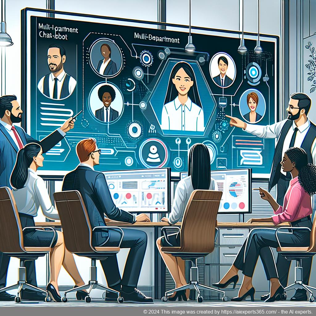 A visual representation showcasing a diverse team collaborating around a computer screen displaying a multi-department chatbot interface designed for enhanced user experience.