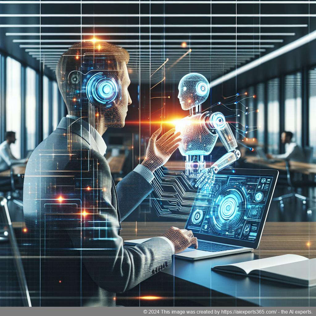 An illustration depicting a modern office environment where a friendly AI-driven chatbot interacts with customers on a laptop screen, symbolizing enhanced communication through technology.