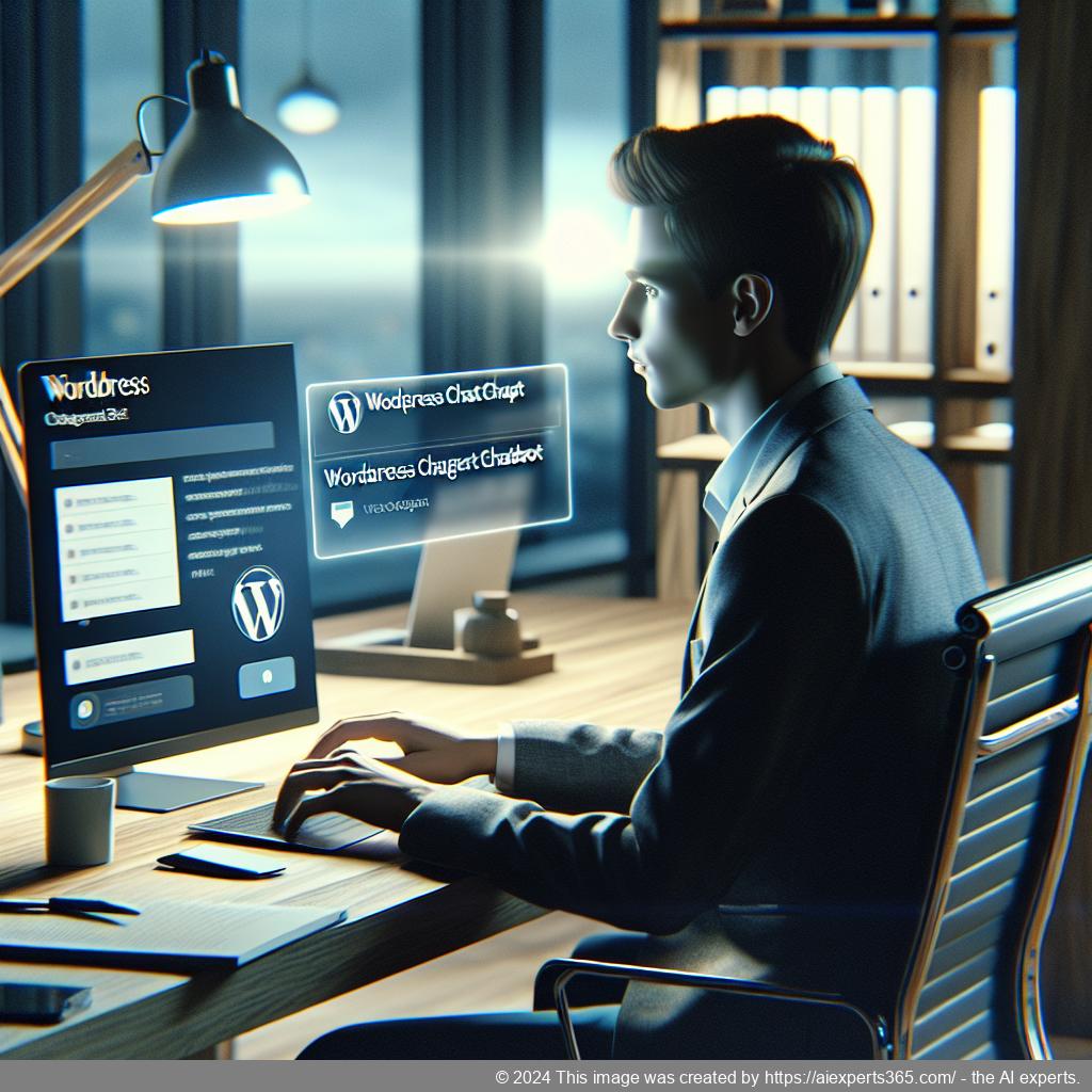 A professional setting showcasing a person interacting with a WordPress ChatGPT chatbot on their laptop, symbolizing enhanced customer interaction.