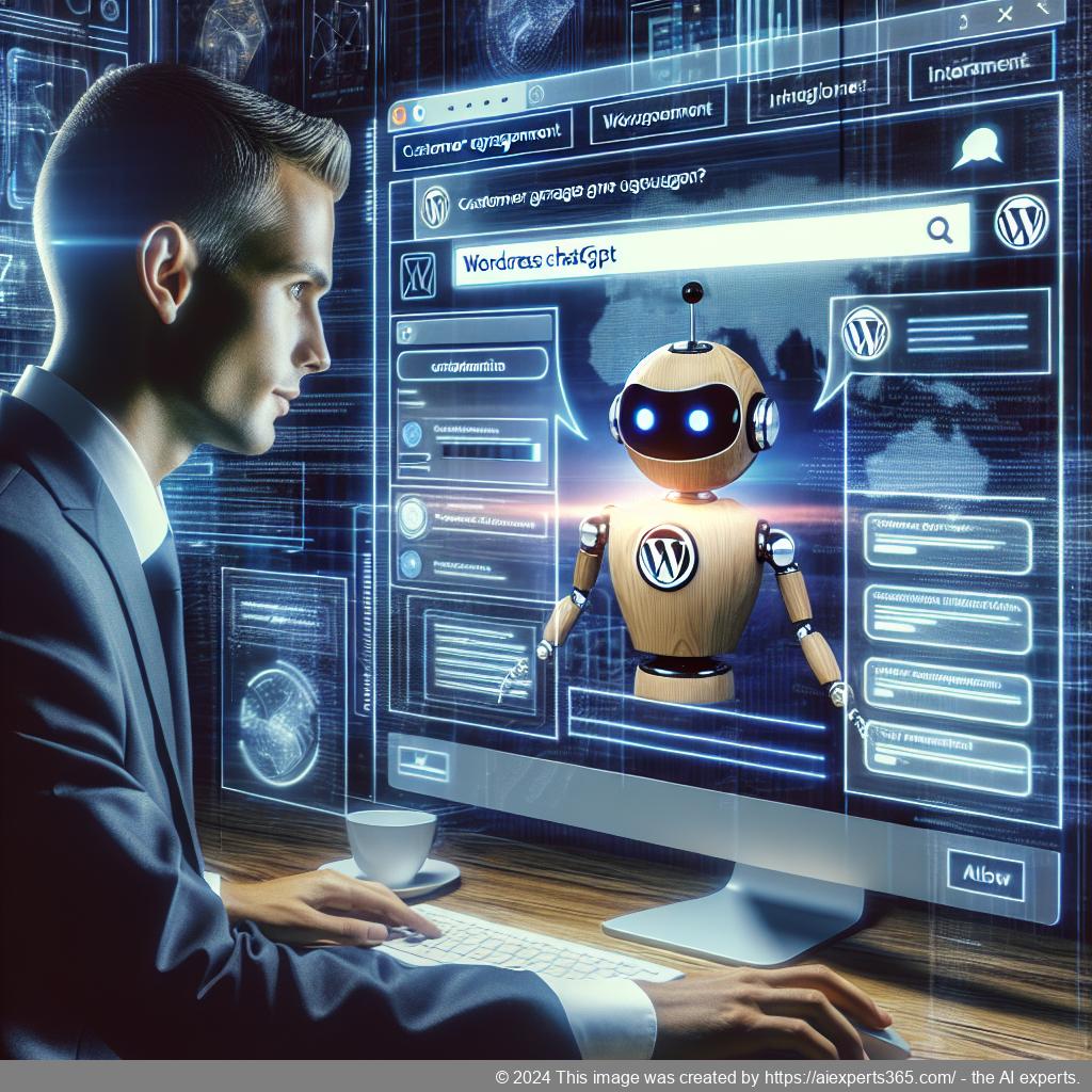 A professional setting showing a person interacting with a computer displaying a WordPress ChatGPT chatbot interface, symbolizing enhanced user experience.