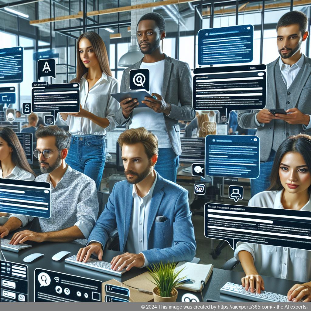 A professional setting showing a diverse group of people engaging with a WordPress ChatGPT chatbot on their devices, highlighting enhanced customer interaction.