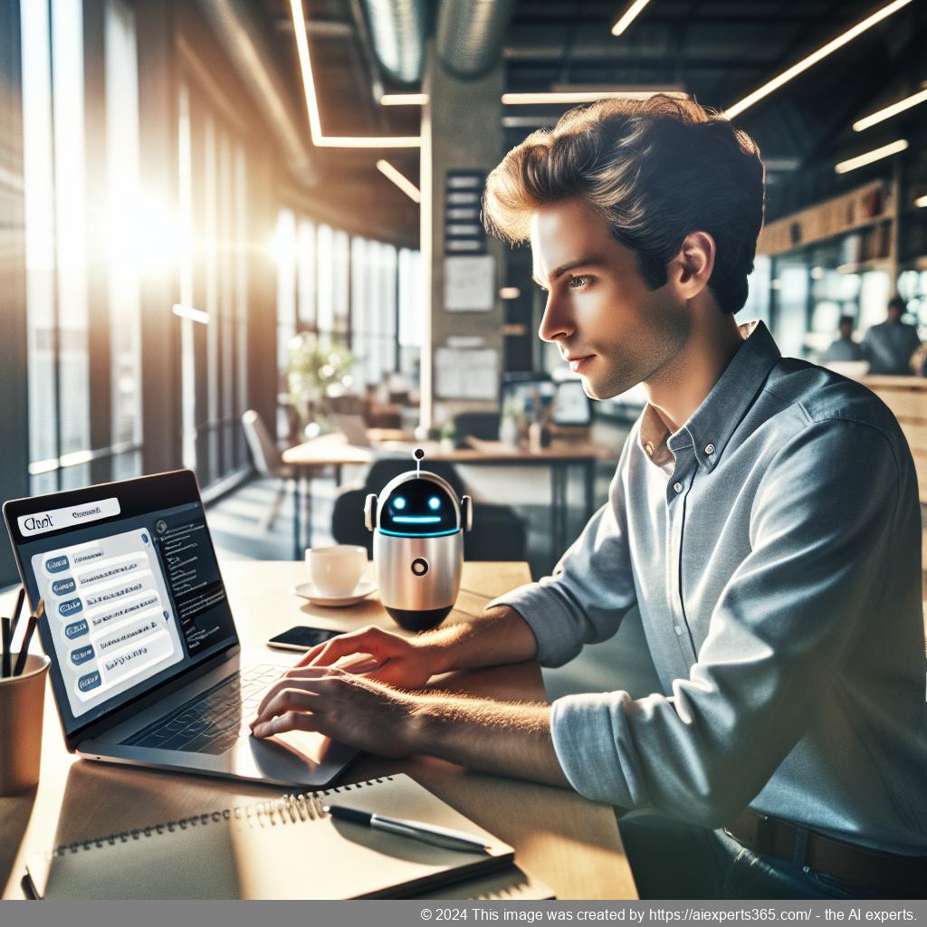 A professional setting showcasing a person interacting with a WordPress ChatGPT chatbot on their laptop, symbolizing enhanced customer engagement through AI technology.