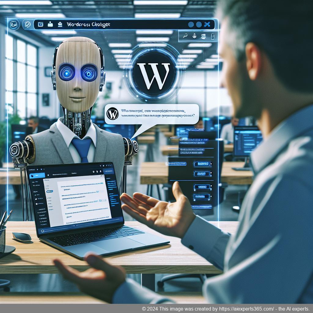 A professional-looking German or Western European individual interacting with a laptop displaying a WordPress ChatGPT chatbot interface.
