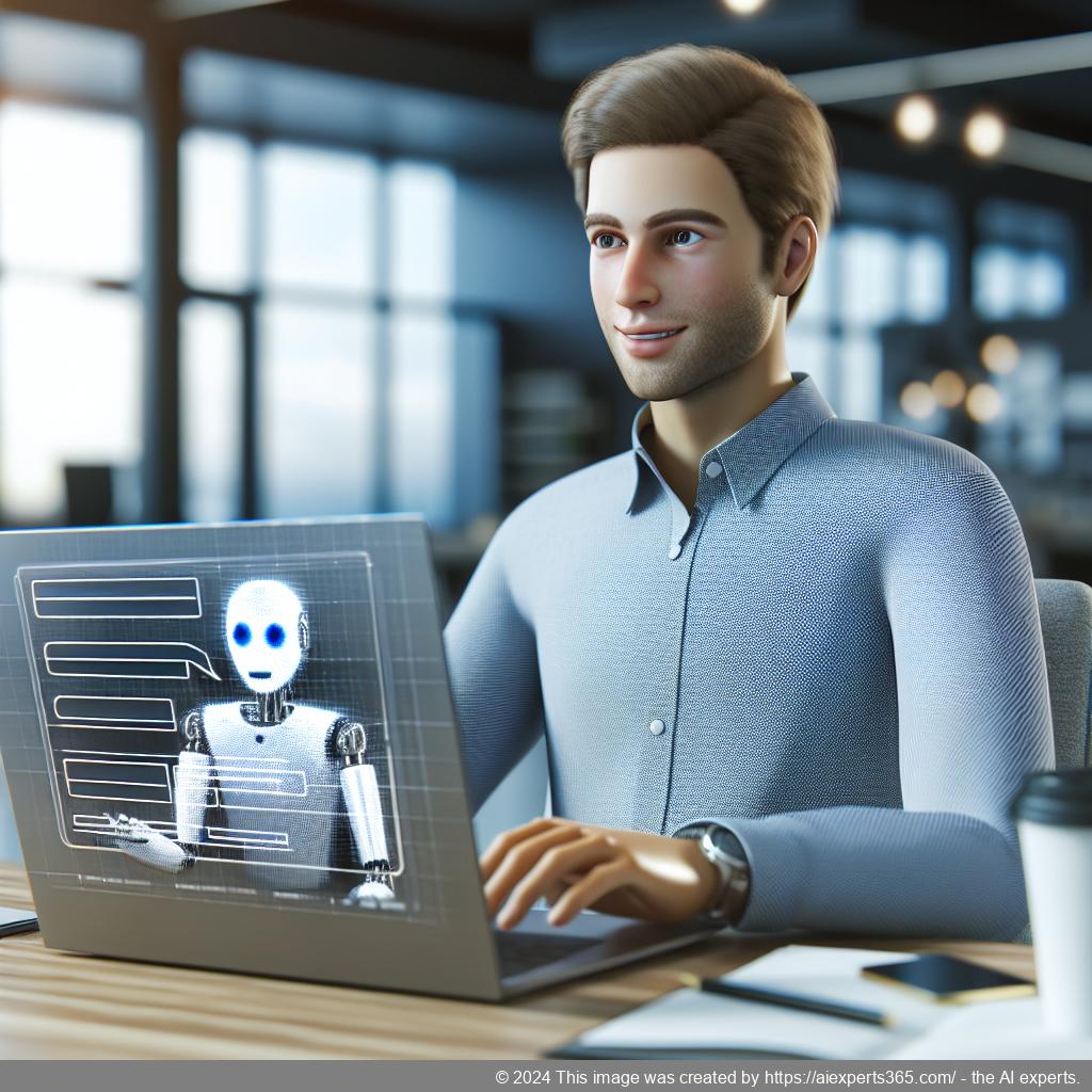 A professional-looking image depicting a friendly European character interacting with a high-tech chatbot interface on a laptop screen.