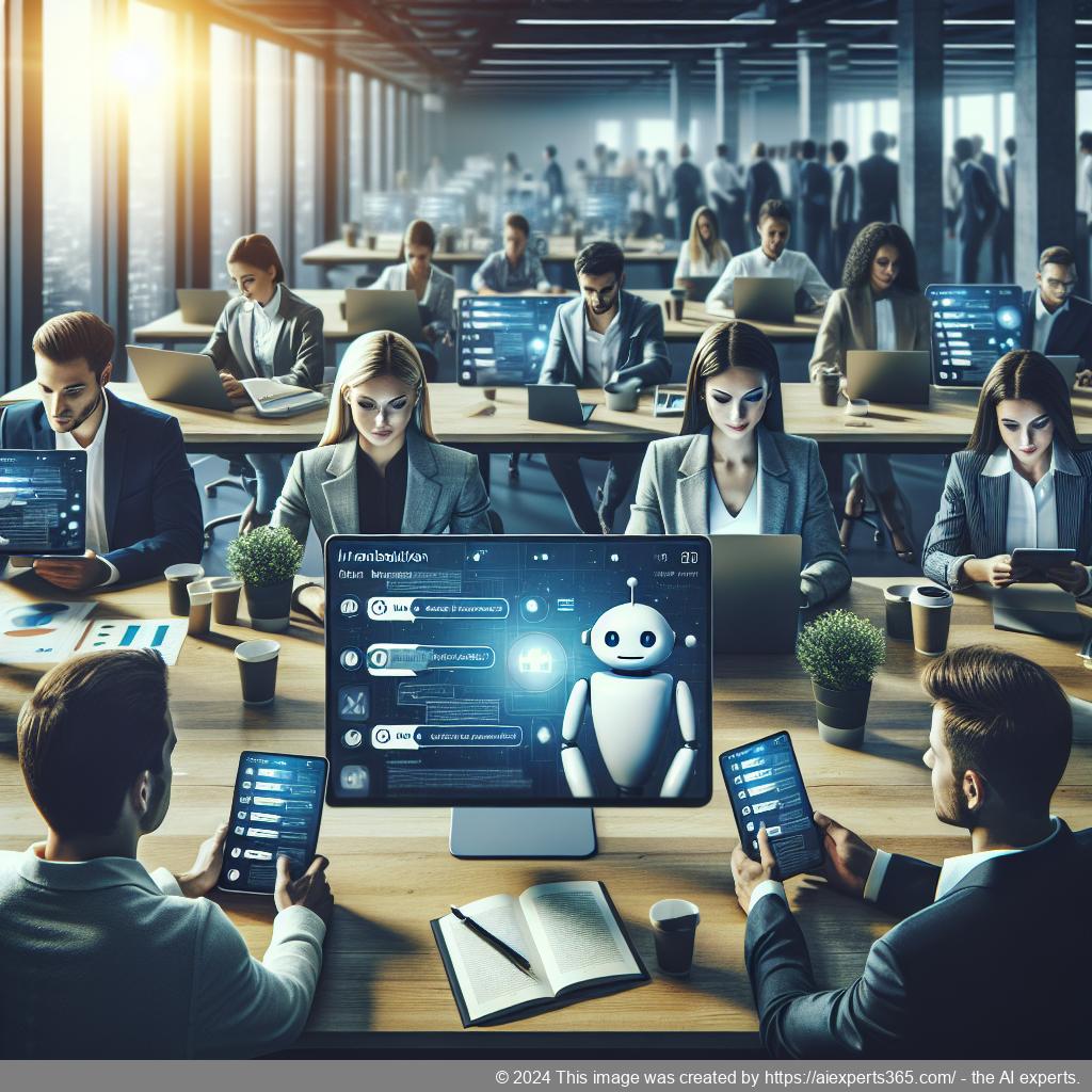 A professional setting showcasing diverse employees collaborating using a multi-department chatbot for enhanced team communication.