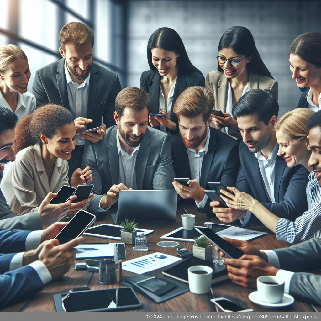 A diverse team collaborating over digital devices discussing strategies for implementing a multi-department chatbot in their organization.