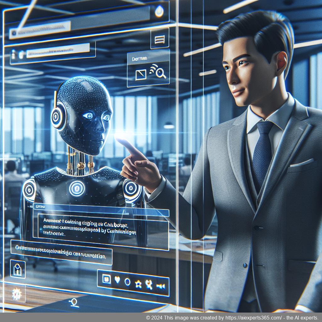 A modern office setting featuring a friendly German-speaking professional interacting with a digital interface showcasing an AI-driven chatbot designed for enhancing customer satisfaction.