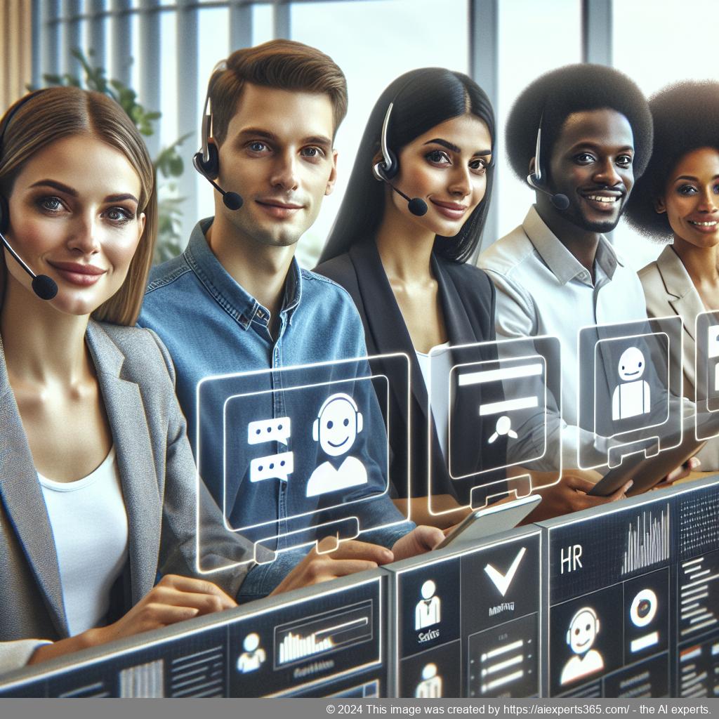 A visual representation of a multi-department chatbot assisting customers across various sectors like sales, support, marketing, and HR.