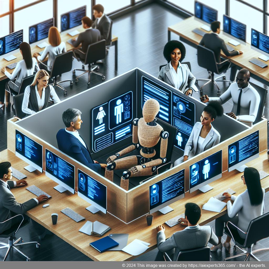 A visual representation of enhanced team collaboration through a smart multi-department chatbot solution in an office setting.