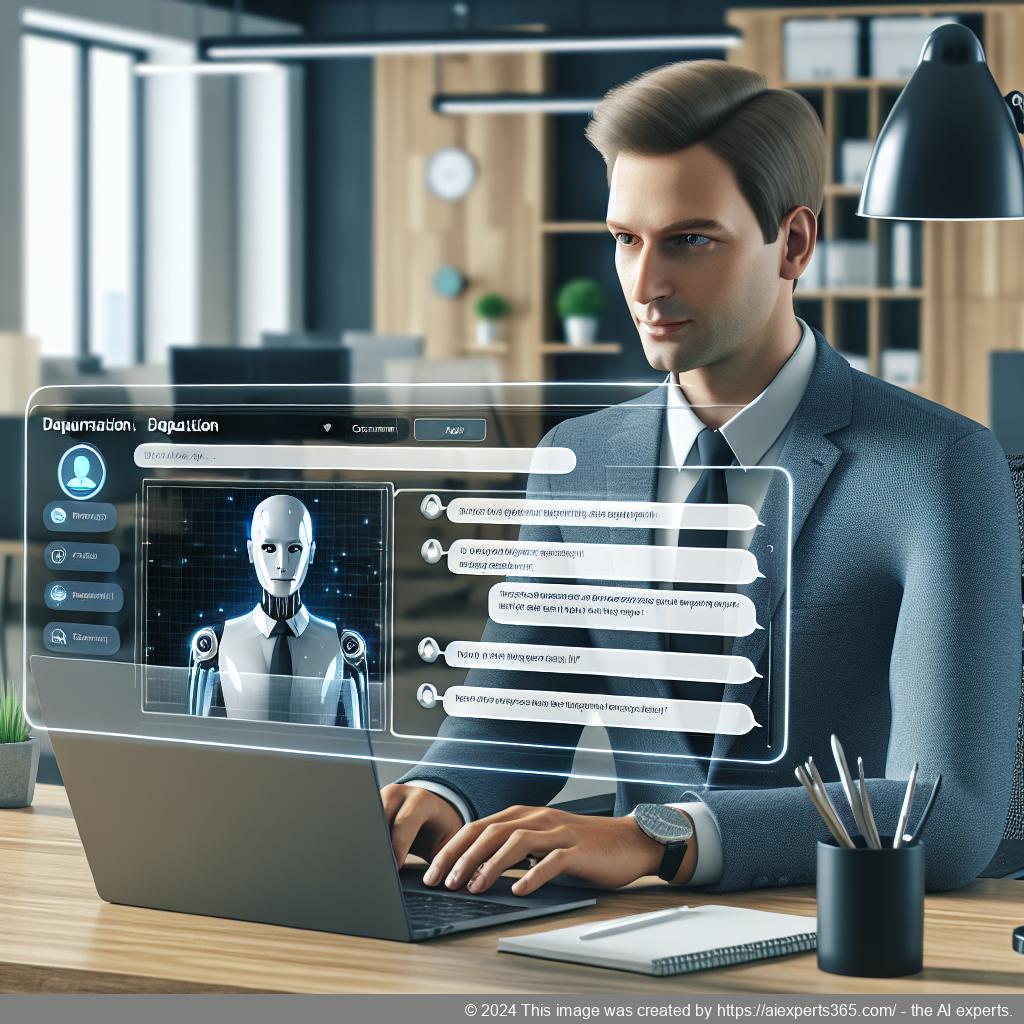A professional-looking German or Western European individual interacting with a multi-department chatbot interface on their computer screen.