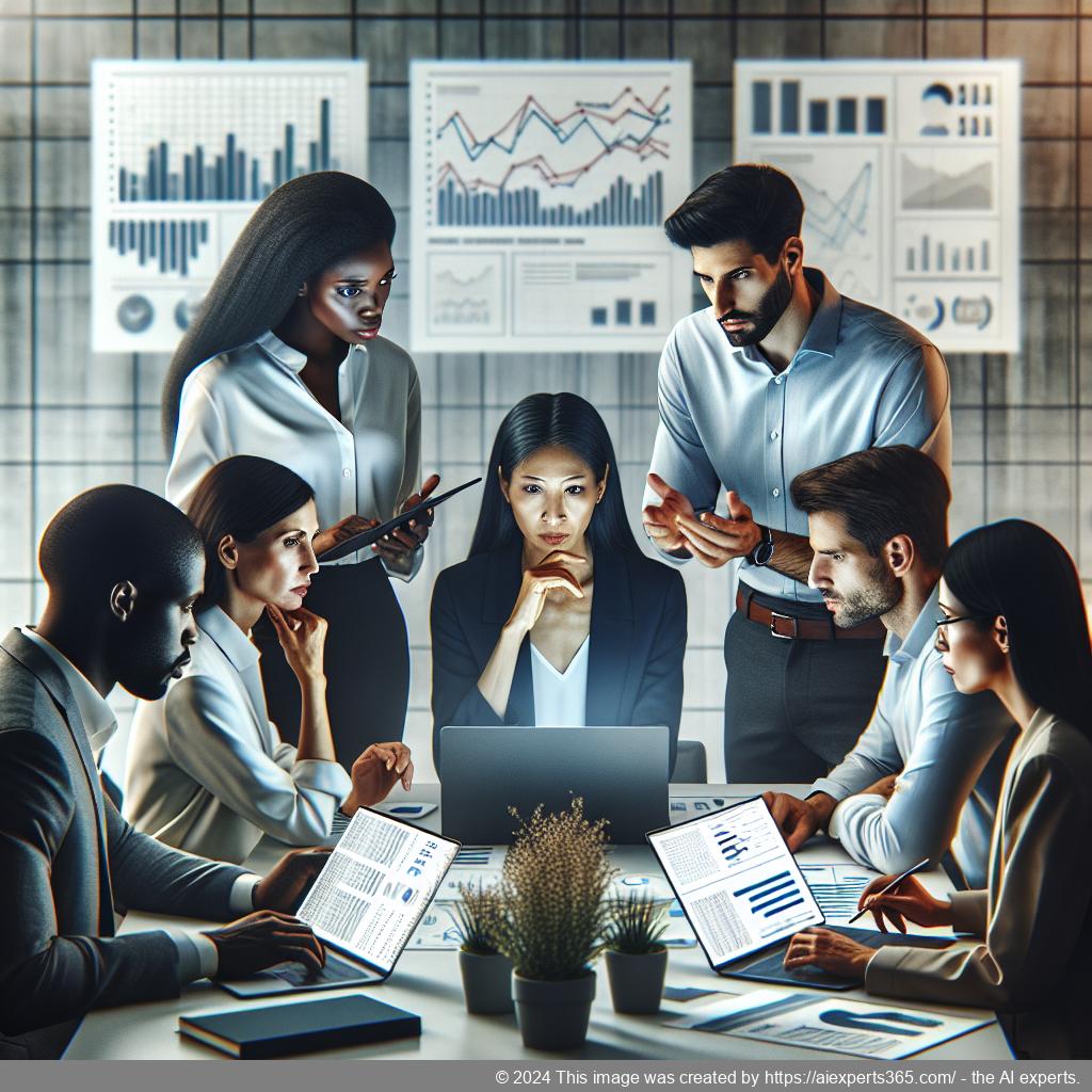 A professional team discussing strategies for implementing a multi-department chatbot in an office setting.