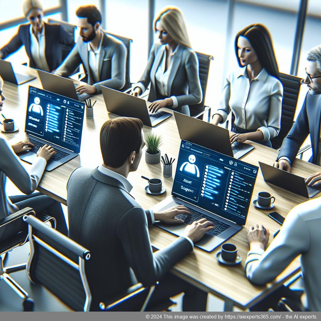 A visual representation of a diverse team collaborating over a digital interface featuring a multi-department chatbot solution.