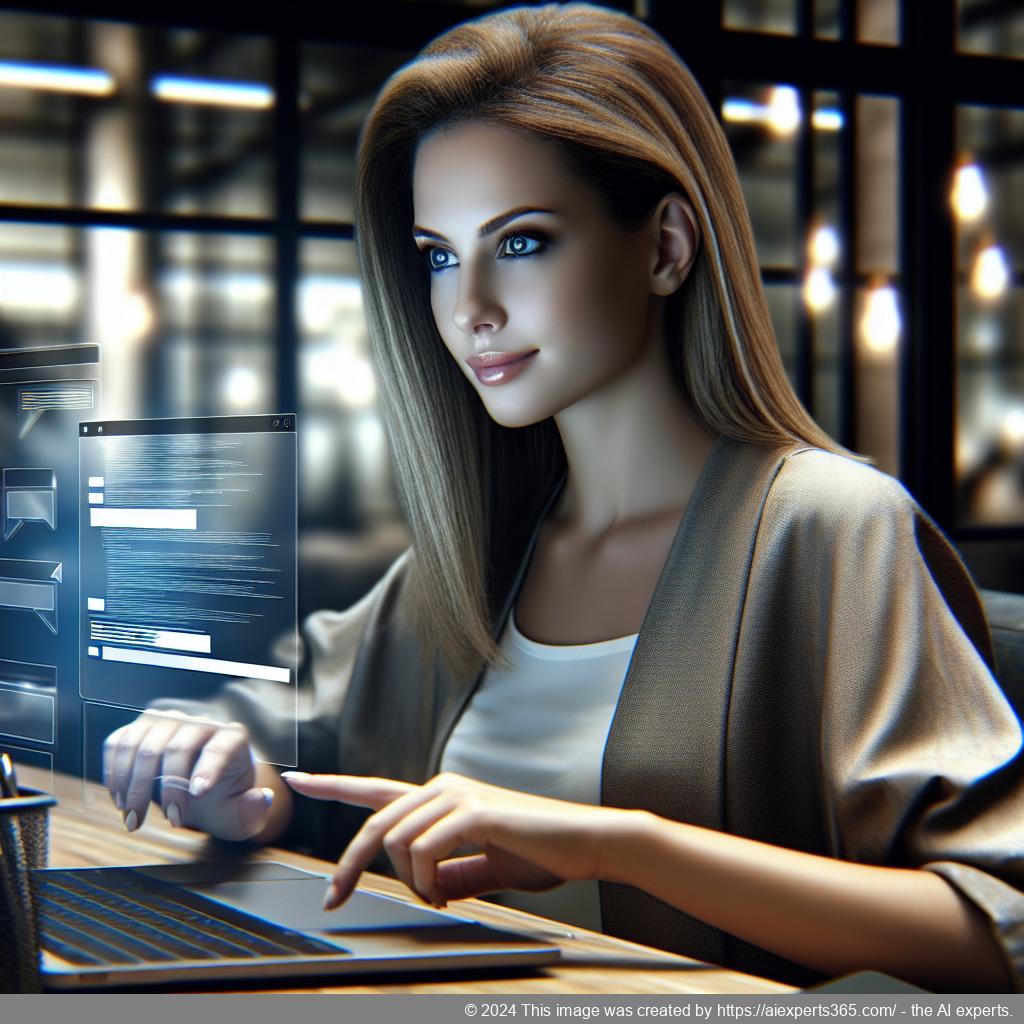 A professional looking at a laptop screen displaying a chat interface from a top-rated WordPress chatbot plugin.