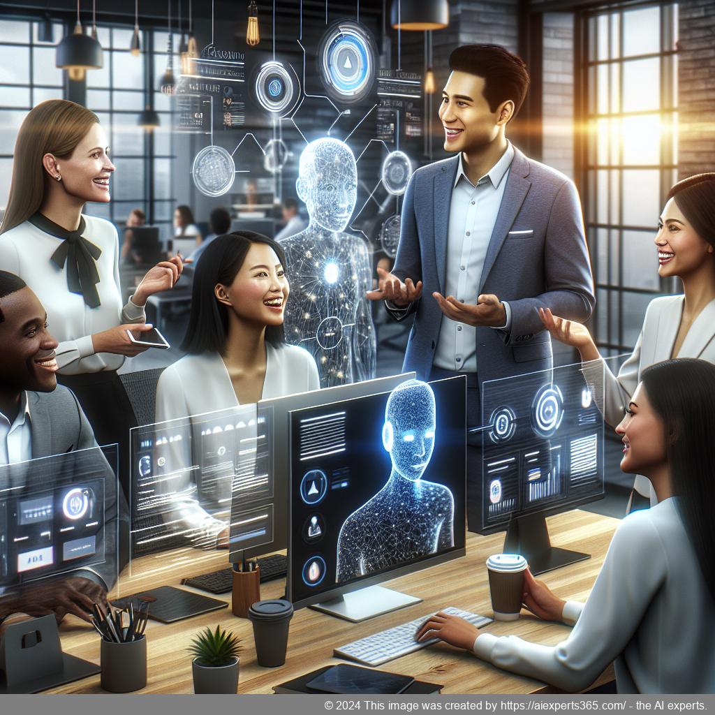 A visual representation of a diverse group of professionals collaborating effectively using an AI-powered multi-department chatbot in a modern office setting.