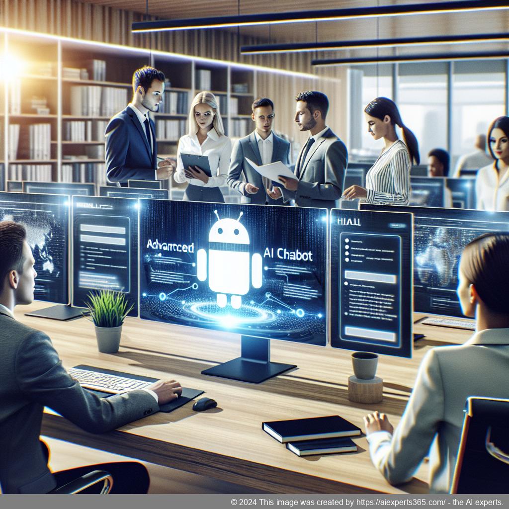A visual representation of a professional setting where a diverse group of individuals interacts with an advanced WordPress AI Chatbot on their devices.