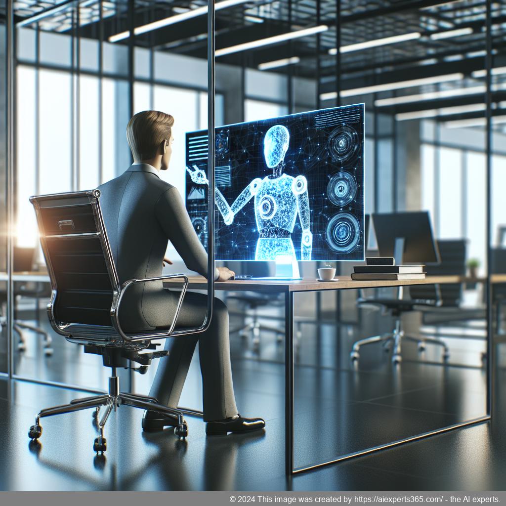 A professional setting showcasing a person interacting with a computer displaying an AI-driven chatbot interface.