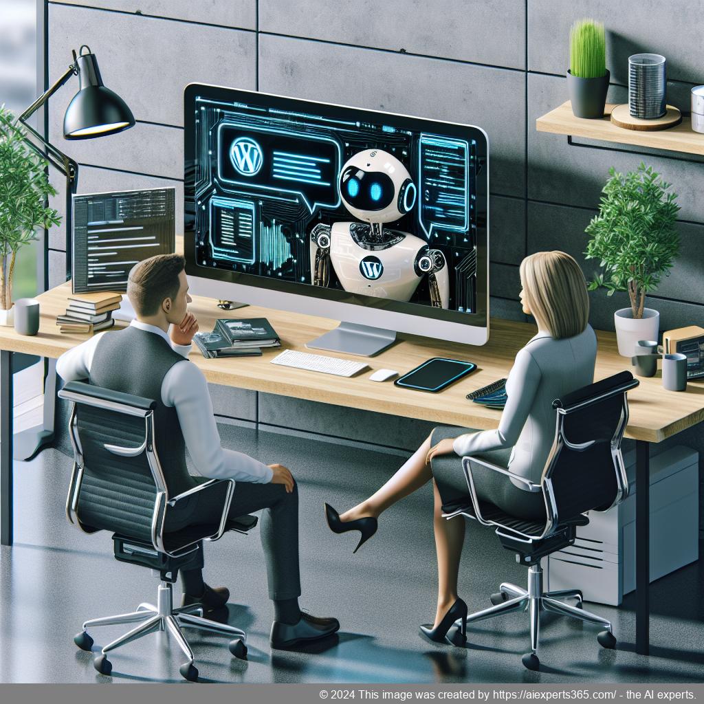 A modern workspace featuring a computer screen displaying a friendly AI Chatbot interface designed for WordPress websites.