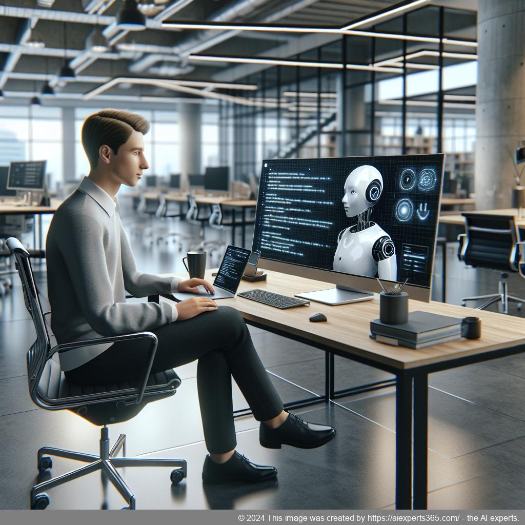 A professional setting showcasing a user interacting with an advanced AI chatbot on a laptop screen while receiving instant support.