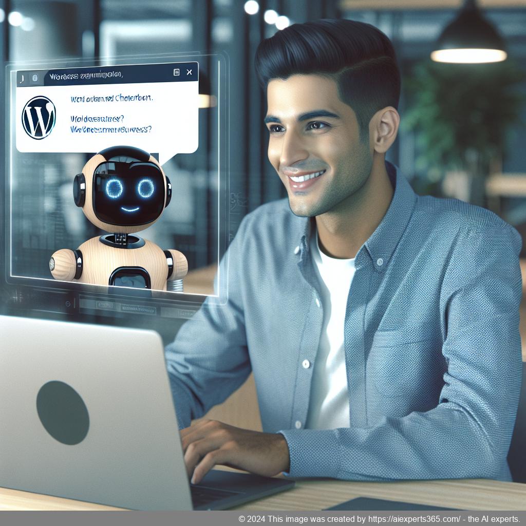 An illustration showcasing a friendly German-speaking person interacting with an advanced WordPress AI Chatbot on a computer screen.