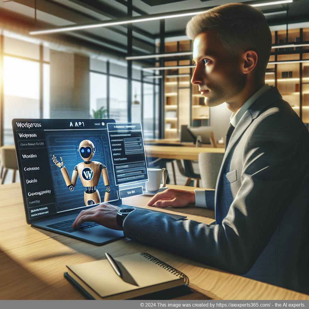 A professional setting showcasing a person interacting with an advanced WordPress AI Chatbot on a laptop screen.