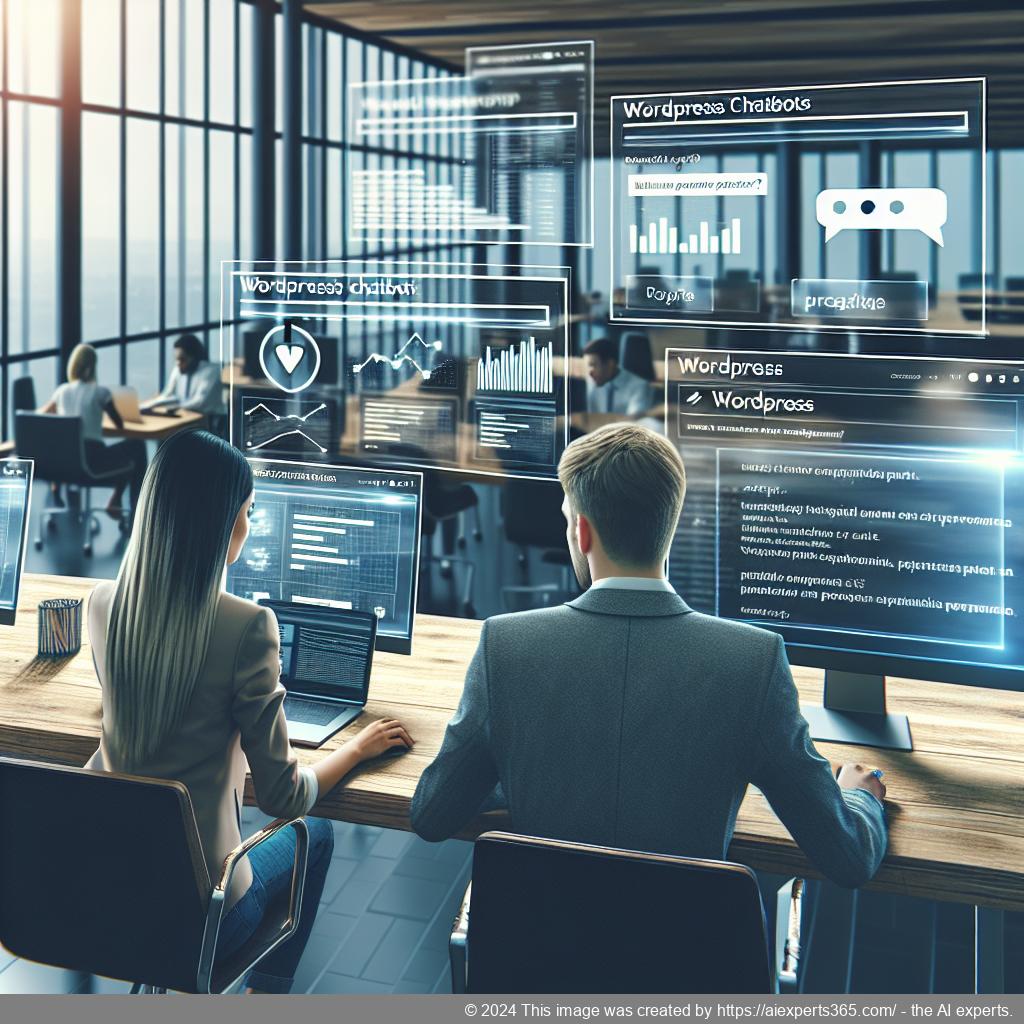 A professional setting showing a diverse team discussing strategies for integrating a WordPress chatbot into their business operations.