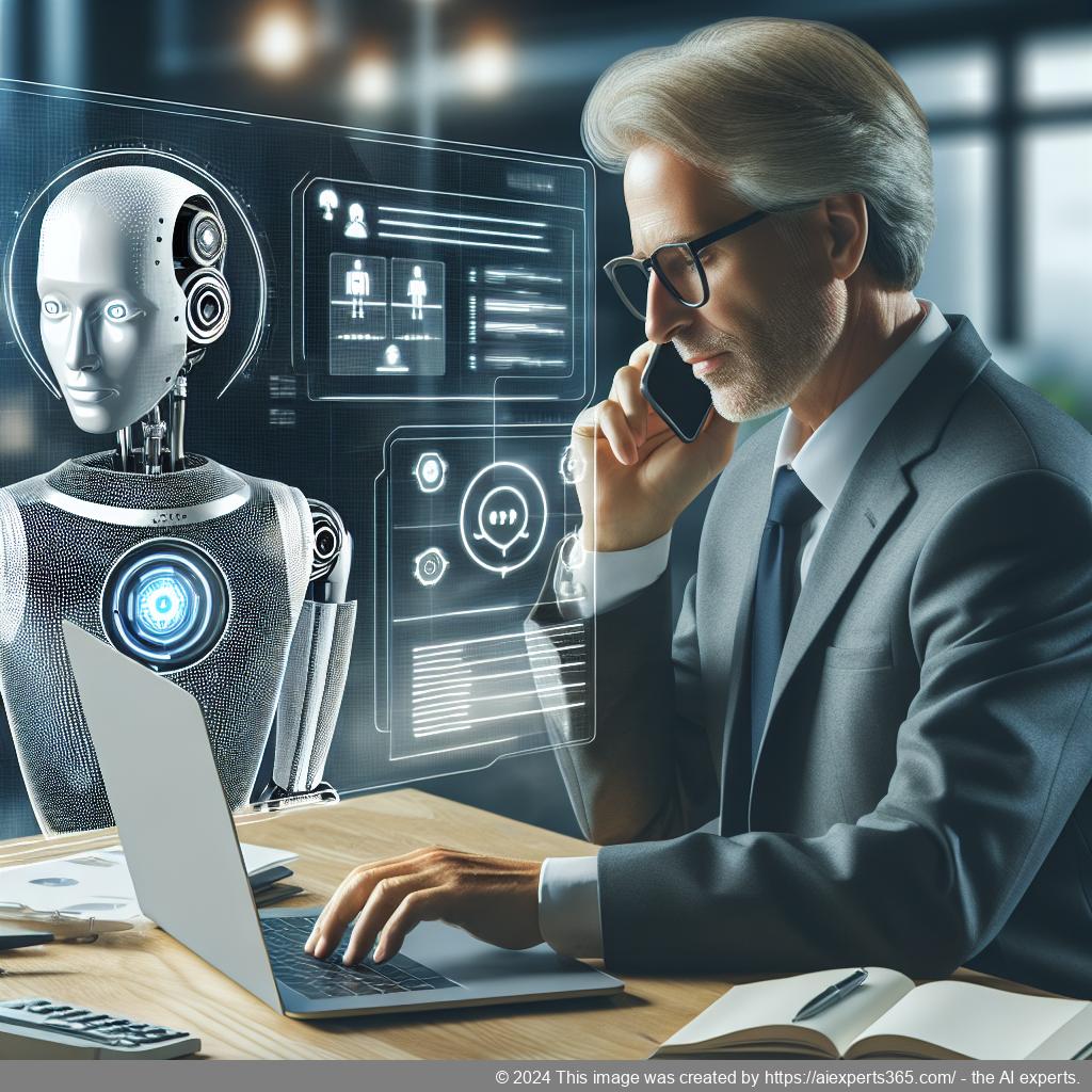 A professional-looking German or Western European individual interacting with an AI-driven chatbot interface on a laptop, symbolizing enhanced customer engagement through technology.
