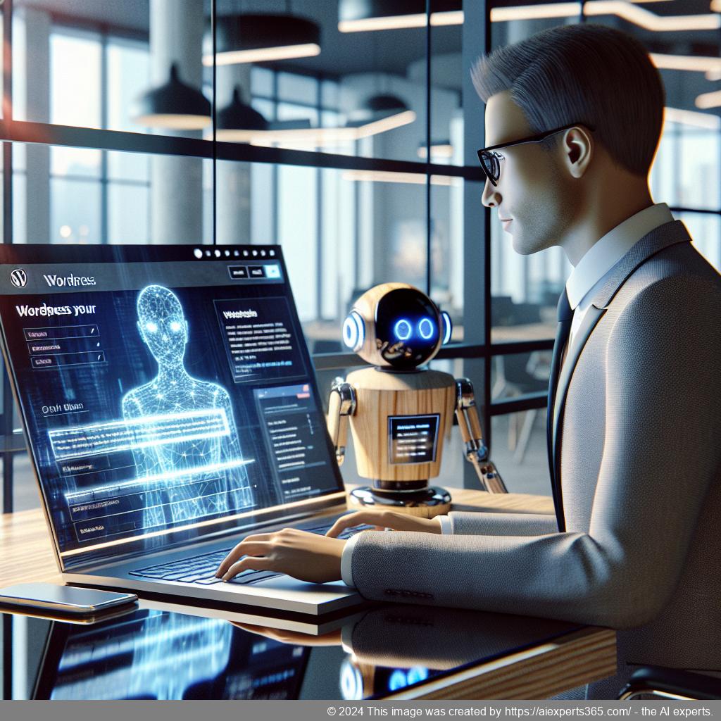 A professional setting showcasing a person interacting with a computer displaying a WordPress website featuring a chatbot interface.