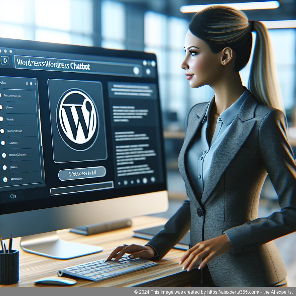 A professional-looking woman interacting with a computer screen displaying a chat interface representing a WordPress Chatbot assisting customers.