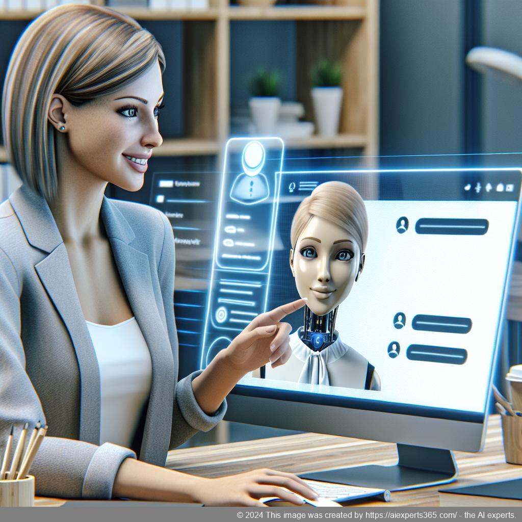 A professional-looking woman interacting with a computer displaying a WordPress chatbot interface, symbolizing enhanced customer service through technology.