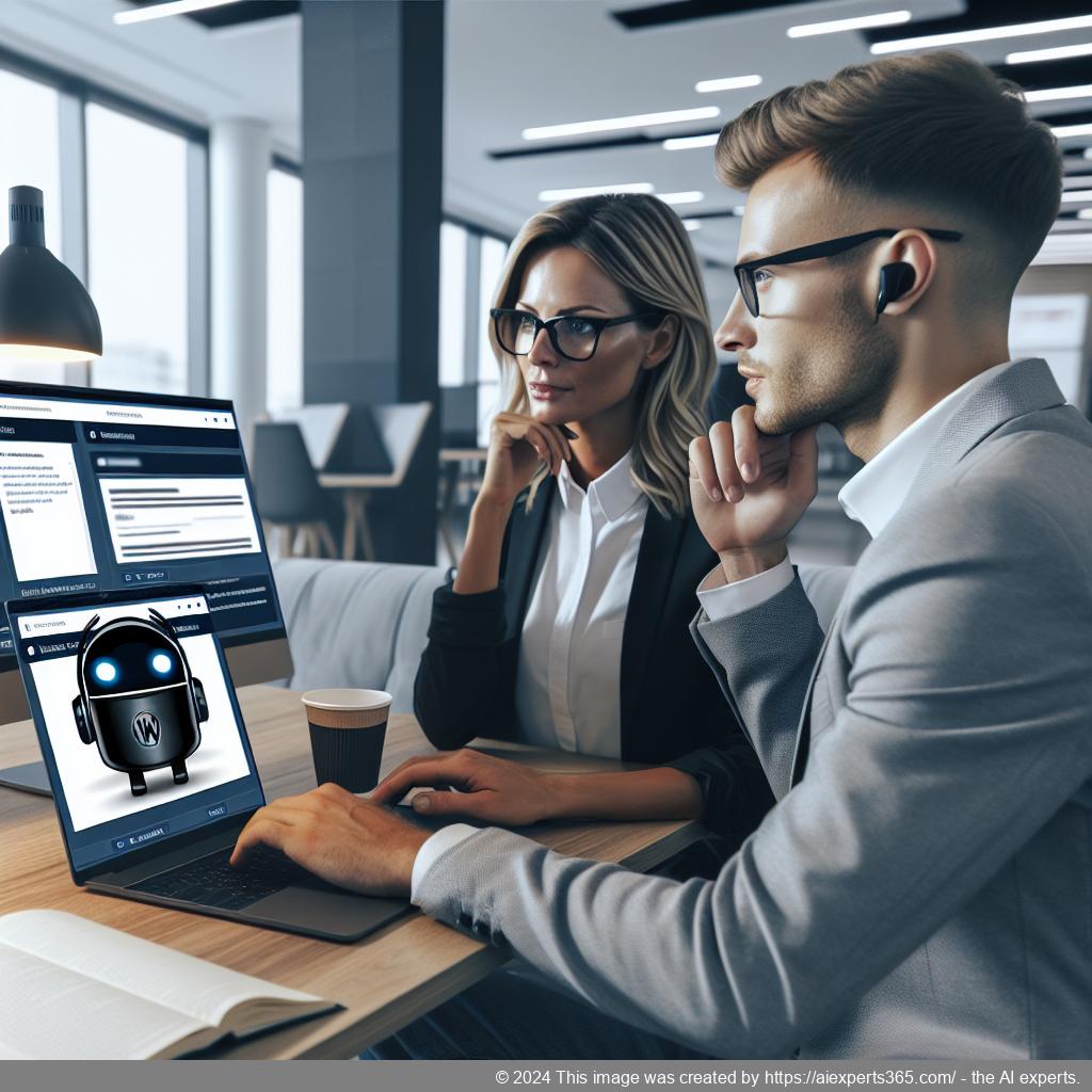 A professional setting showing diverse individuals interacting with an AI-powered WordPress chatbot on their devices.