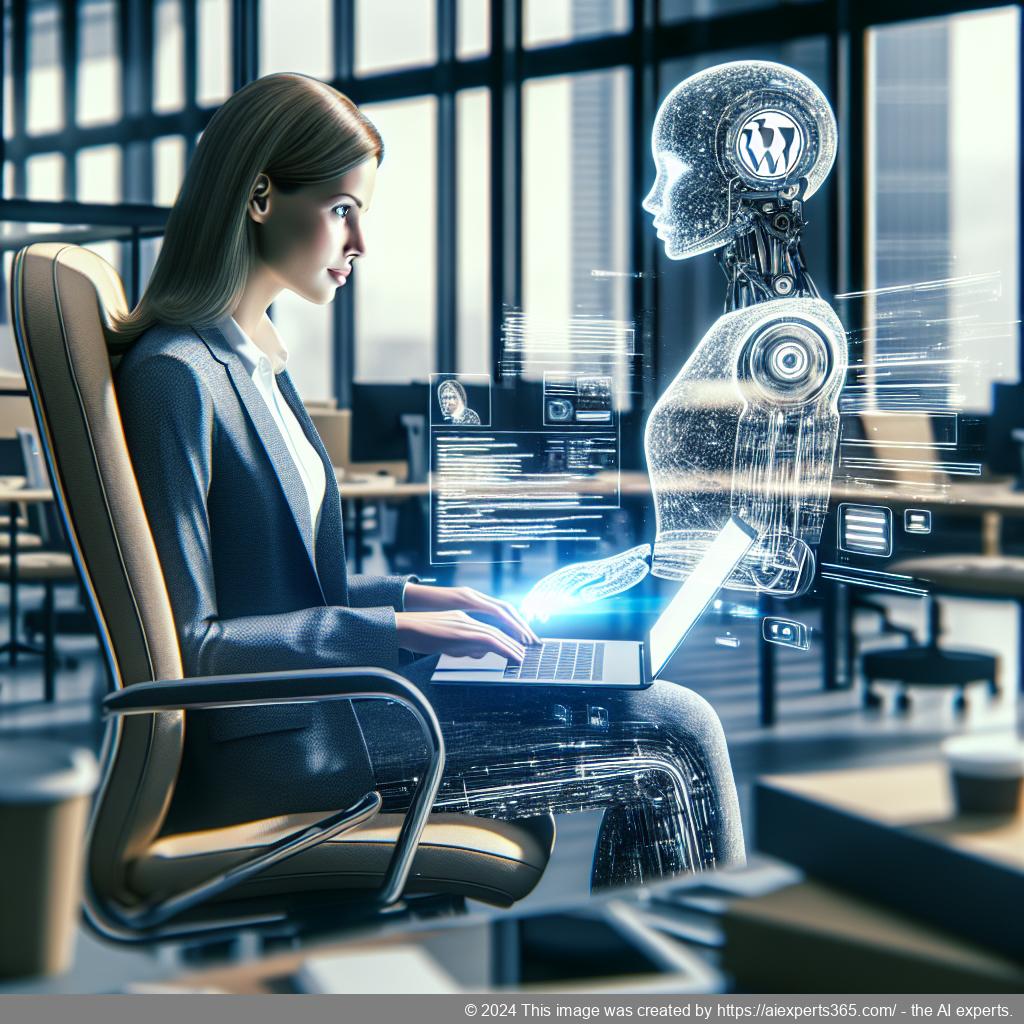 A professional setting showcasing a person interacting with an AI-driven WordPress chatbot on a laptop screen.