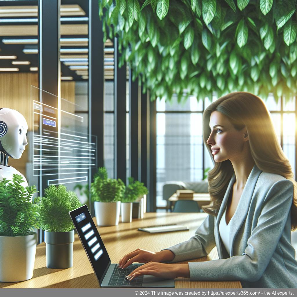 A professional woman interacting with an AI-powered chatbot on a laptop screen showcasing modern web design.