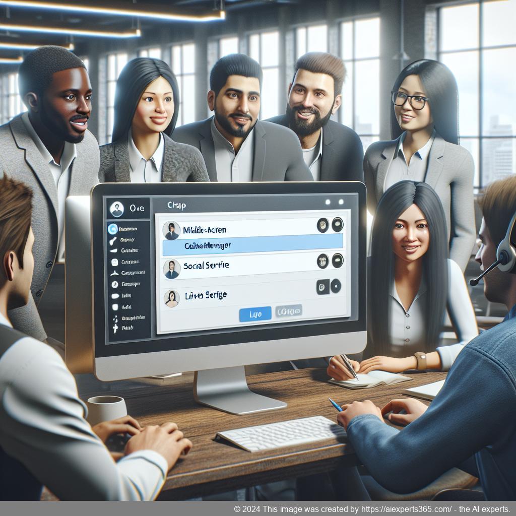 A professional setting showcasing a team using a WordPress chat plugin on their website for enhanced customer engagement.