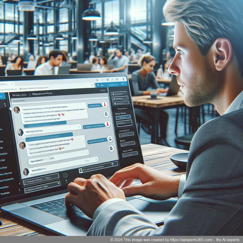 A person using a laptop with a feature-rich WordPress chat plugin interface displayed on screen.