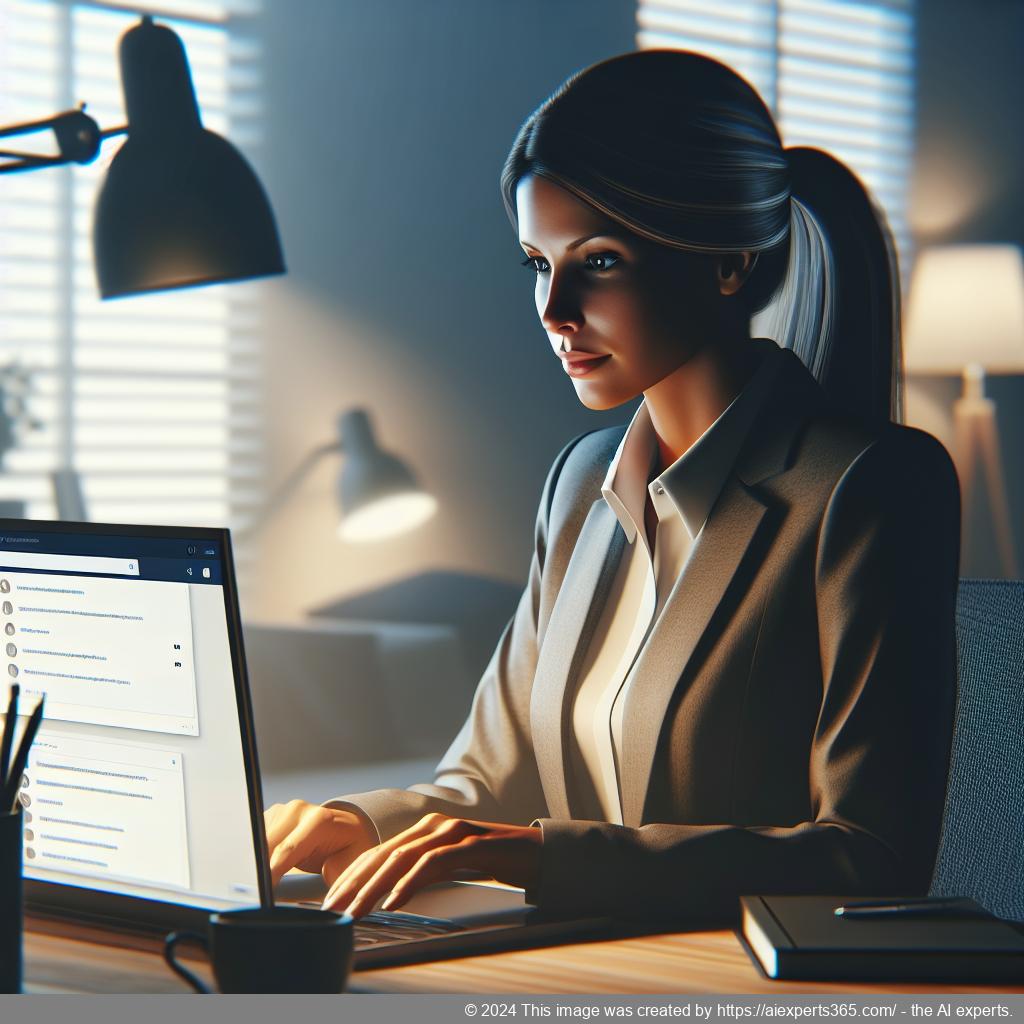 A professional looking woman using a laptop with a WordPress chat plugin interface visible on screen while assisting customers online.